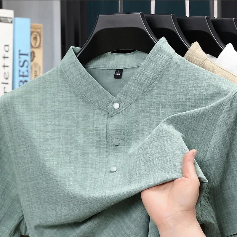 Summer Stand Collar Half Button Mens Shirt Lightweight Textile Blouse Daily Streetwear Home Leisure And Short Travel Outfit