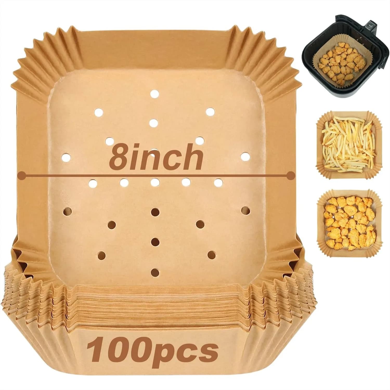 Fogli di carta forata quadrati per friggitrice ad aria da 2-5 Qt, 8 pollici, set da 100, filtri usa e getta antiaderenti per cestello