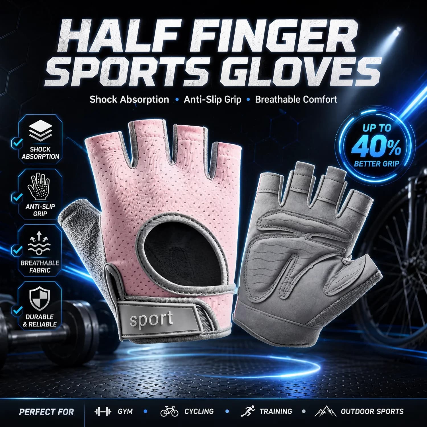 Half Finger Gym Gloves Anti Slip Breathable Workout Cycling Gloves Shock Absorbing Weight Lifting Fitness Training Men Women