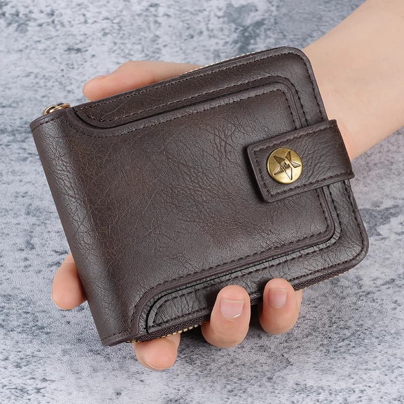 2026 Retro Men's Short Horizontal Wallet with Zipper Multifunctional Card Bag, Three Fold Wallet with Nail Buckle