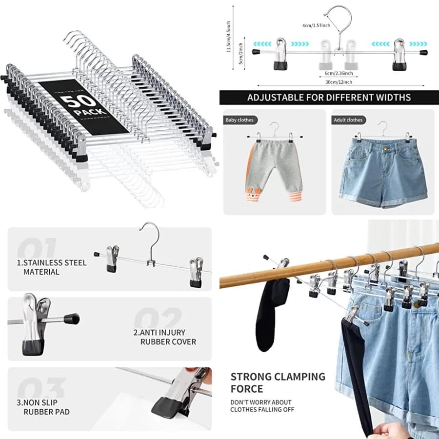 Confezione da 50 appendiabiti per pantaloni con clip, appendiabiti per gonne da donna, appendiabiti per pantaloncini, appendiabiti in metallo resistente per armadio, salvaspazio
