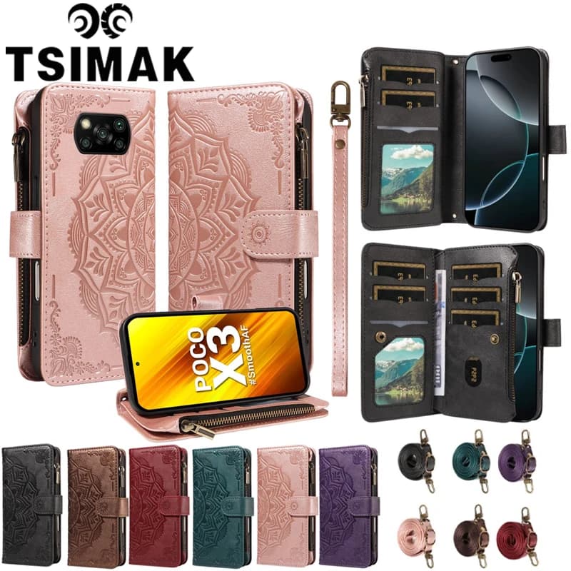 Custodia a Portafoglio Magnetica in Pelle con Cerniera e 9 Scomparti per Carte per Xiaomi Poco X3 Pro X4 GT F4 X3 NFC M3 M4 Pro 4G 5G