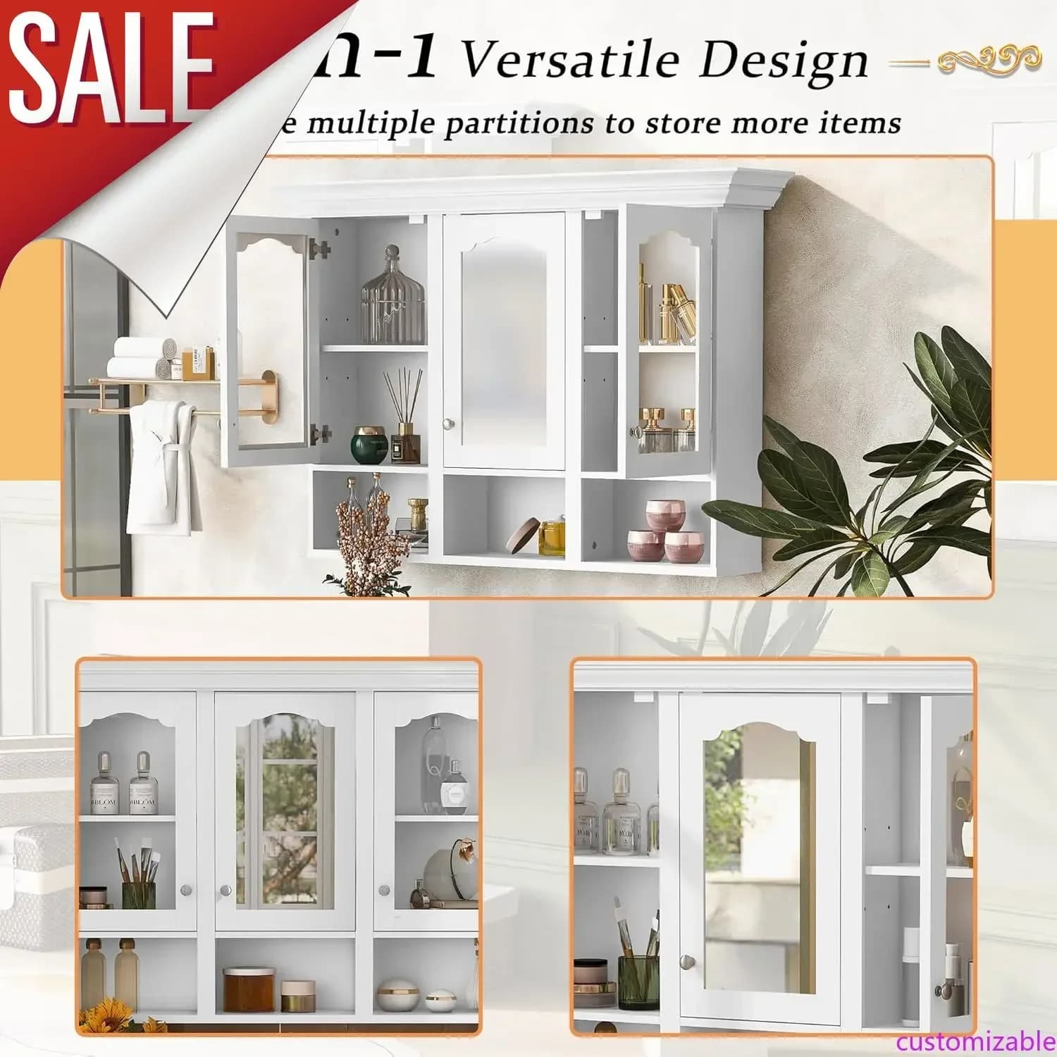 Armadietto da Bagno Personalizzabile da 47 Pollici con Specchio, Montaggio a Parete, Contenitore per la Casa con 3 Ripiani Regolabili, Bianco