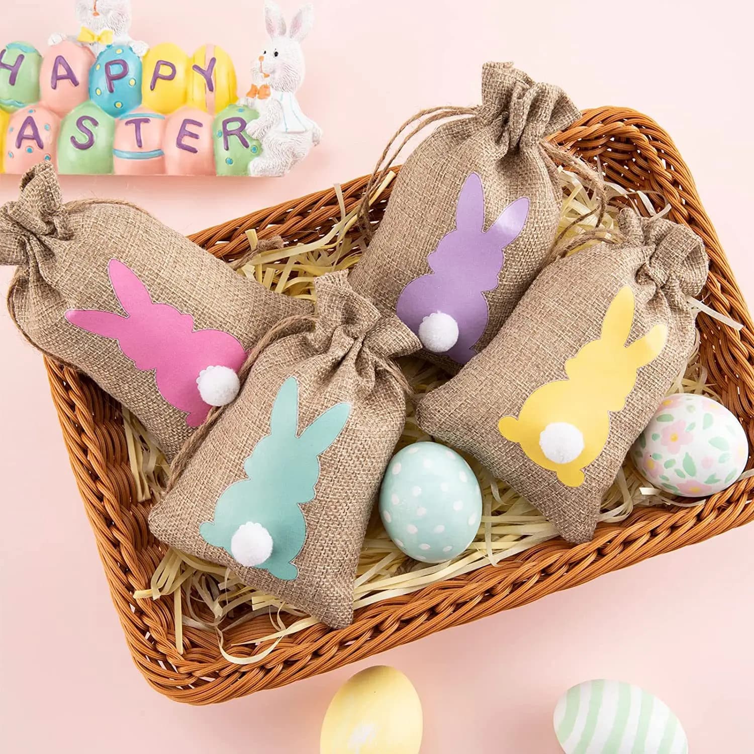 6/12 pezzi sacchetto regalo di Pasqua in lino primavera festa di Pasqua coniglietto caramelle biscotti pacchetto borse decorazione festa di compleanno per bambini favore sacchetto di coniglio