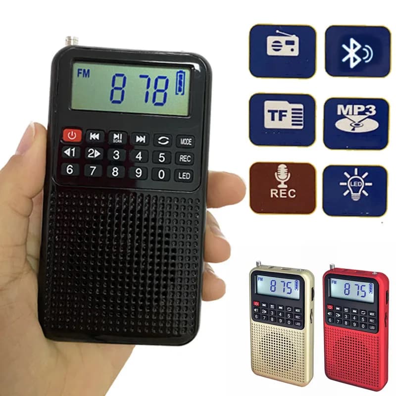 Mini Pocket Radio FM ricevitore Radio ad alta sensibilità registratore altoparlante Bluetooth portatile con supporto per luce a LED cuffie con scheda TF