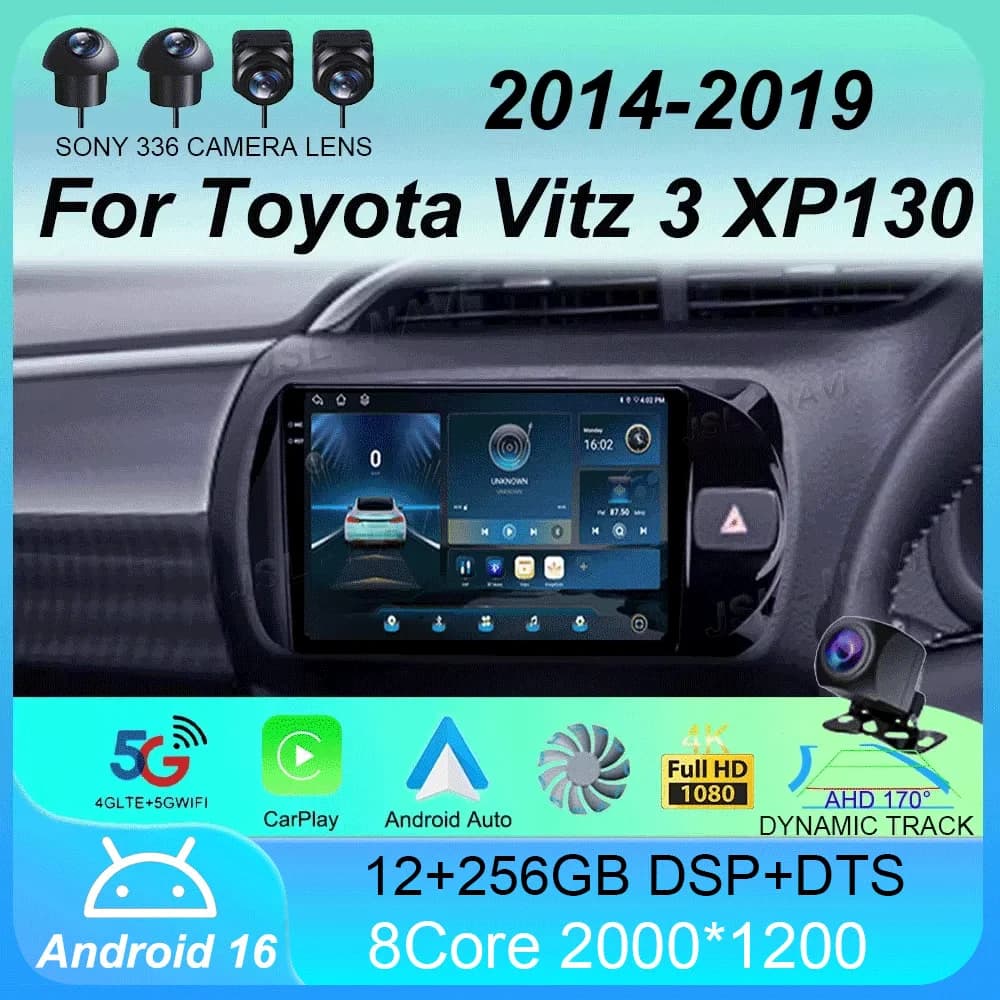 Autoradio Android 16 con Carplay per Toyota Vitz 3 XP130 2014-2019, Lettore Multimediale Video, Navigazione GPS, Stereo
