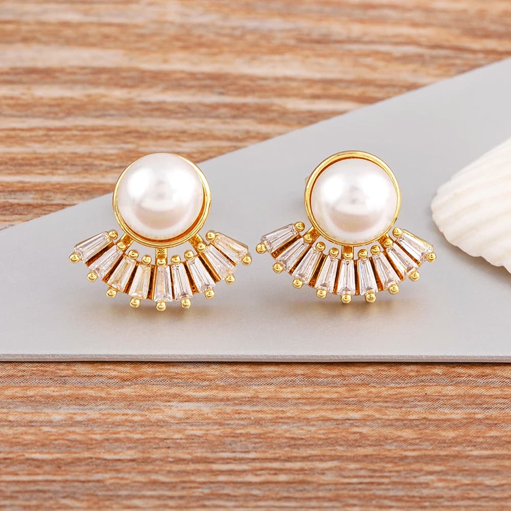 Nidin French Light Luxury Gold Color Natural Freshwater Pearl Stud Earrings For Women Korean Zircon Exquisite Party Jewelry Gift