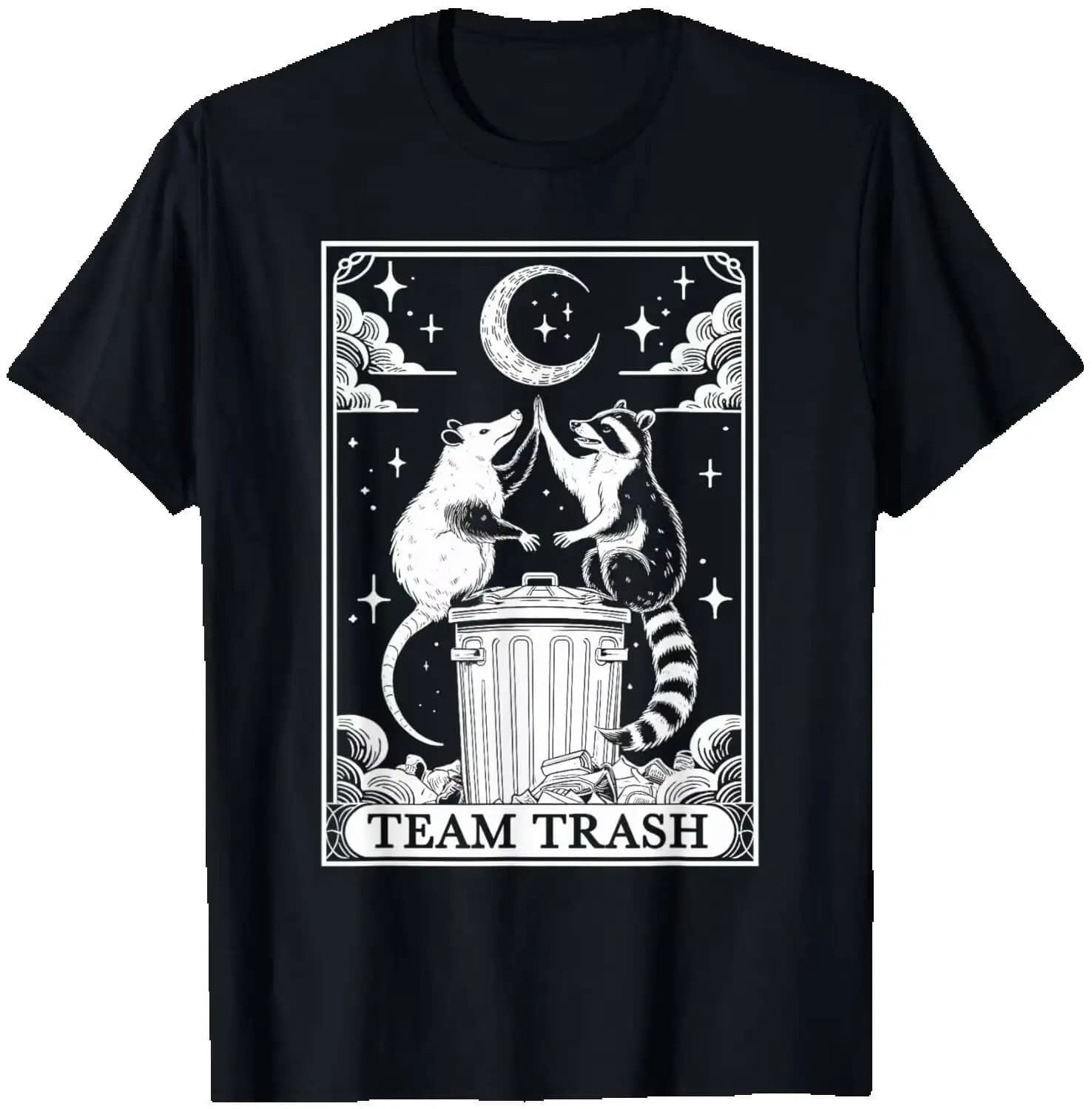 Tarot Card Vintage Team Trash Crescent Moon Opossum Raccoon T-Shirt Summer Short-Sleeved Breathable Sweat-Wicking Versatile