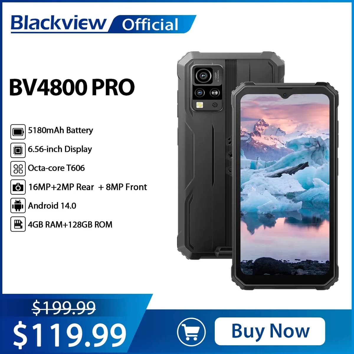 Blackview BV4800 PRO Smartphone robusto Display IPS da 6,56", 4 GB di RAM + 128 GBROM, fotocamera da 13 MP Batteria da 5180 mAh, telefono Android 14 NFC