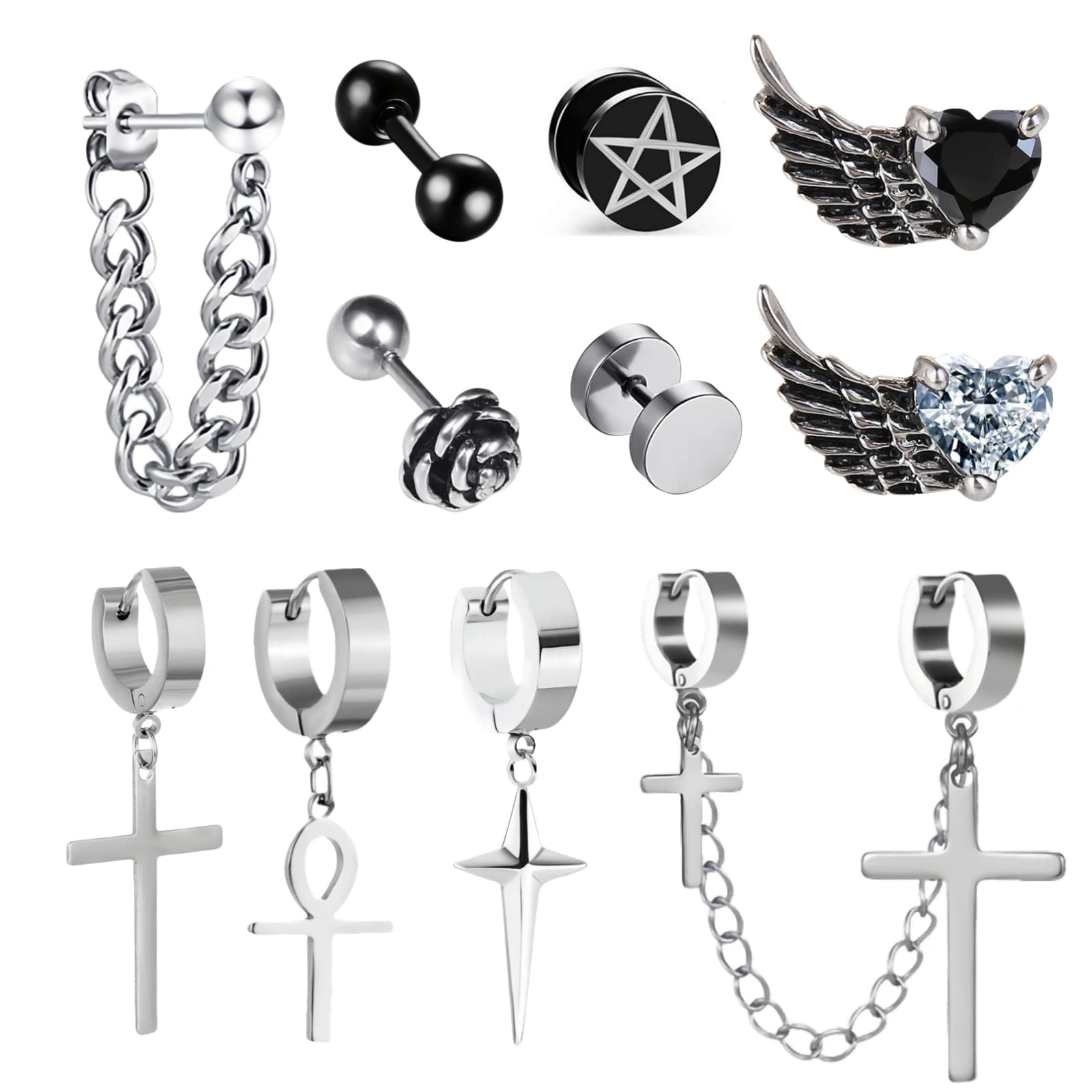 1 paio a catena lunga croce punk hip-hop ala orecchino a bottone in acciaio inossidabile piercing per le donne gioielli maschili decorazioni Y2k tendenza 2025