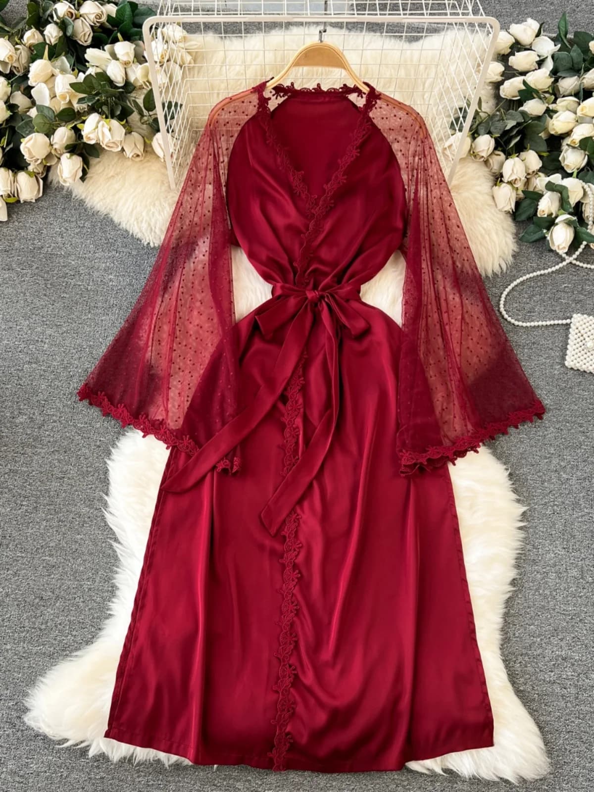Elegante Cardigan con Pizzo e Cintura in Vita, Stile Pure Desire, Vestaglia da Notte a Mezza Lunghezza, Camicia Aperta