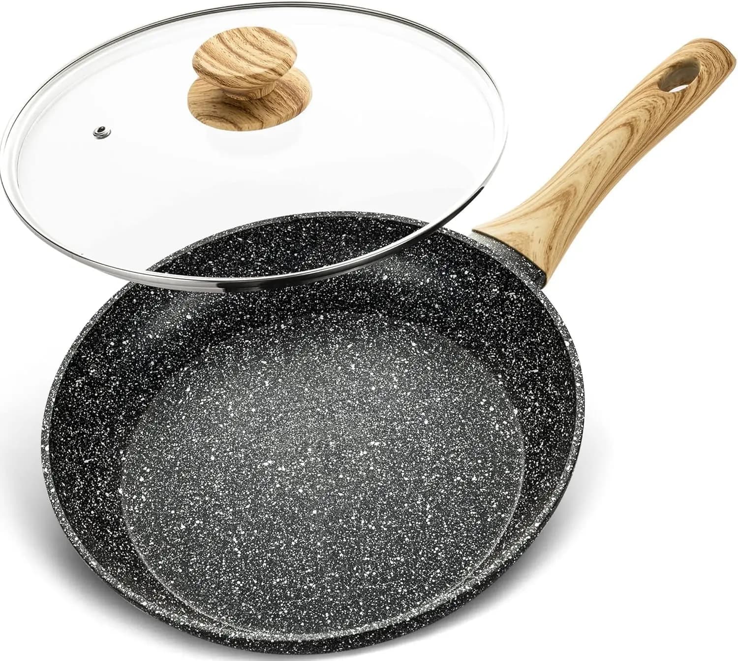 MICHELANGELO Anti-adhesive 12-inch pan with Glass Cover, Large Stone Effect Box with Ergonomic Handle, Compatible with Induction Cooking Plans