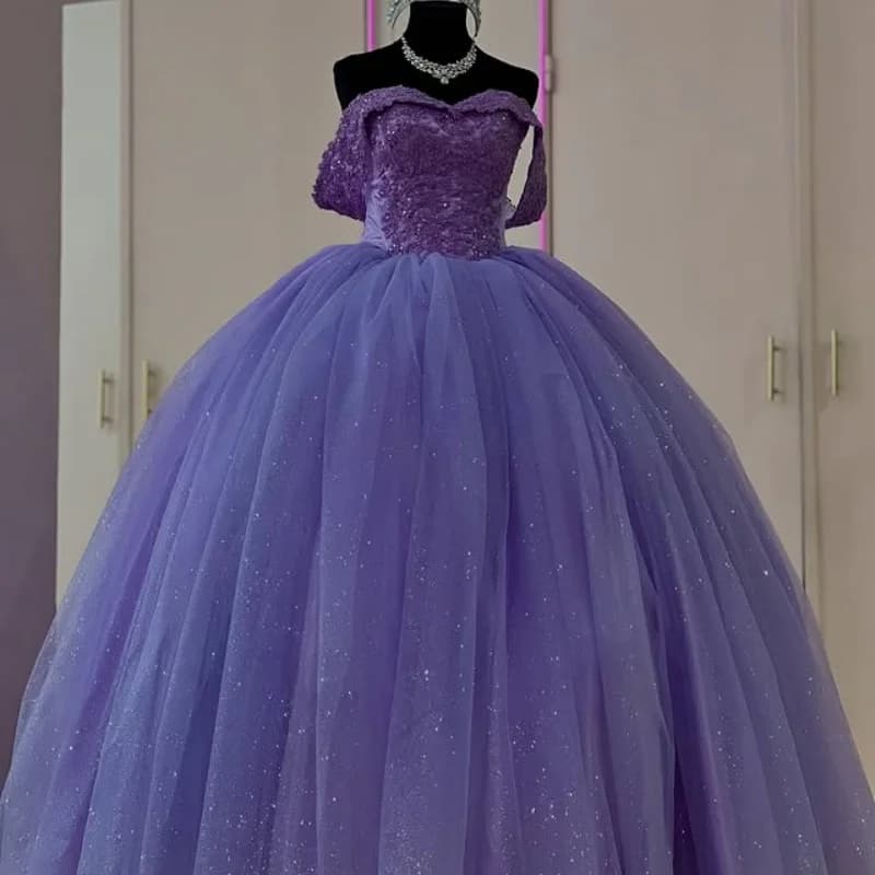 Abiti Quinceanera viola intenso lucido personalizzati con spalle scoperte Tull applique trascinamento Vestido De 15 Quinceanera