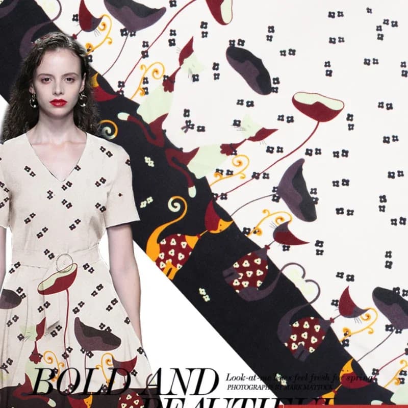 Crepe De Chine Mulberry DIY Fabric Fashion Lotus Leaf Kitten Lace Print for Dress Handmade Sewing Material Per Meter