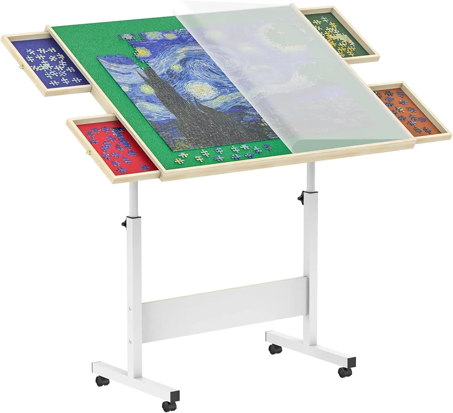 Tavolo per Puzzle in Legno con Coperchio, Cassetti e Ruote Girevoli - Organizzatore per Puzzle da 1500 Pezzi per Adulti e Bambini