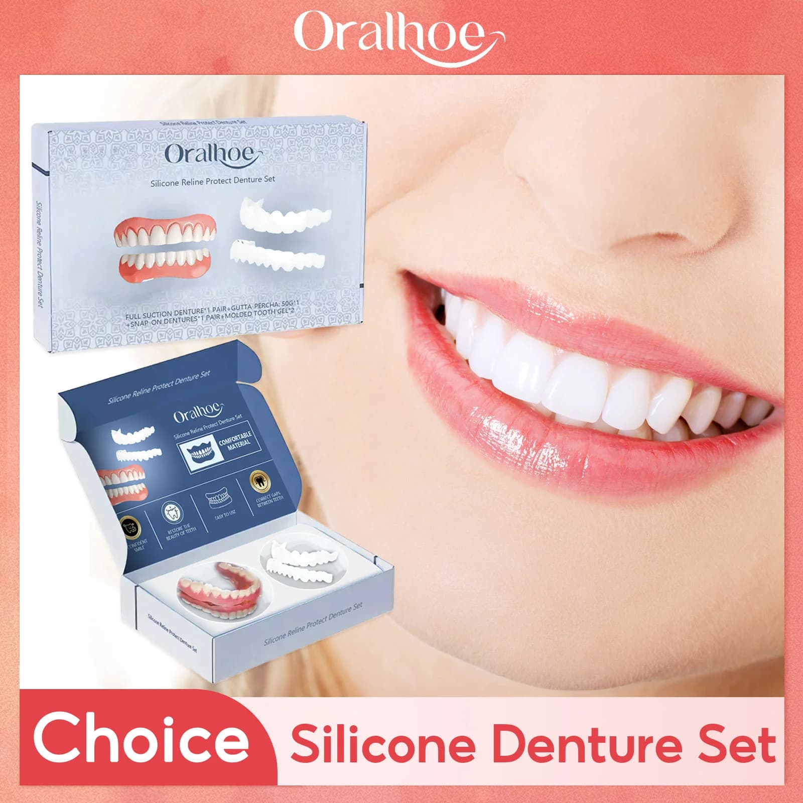 Kit denti finti regolabili Sbiancamento temporaneo Protesi Impiallacciature superiori inferiori Apparecchietti comodi Denti finti in silicone portatile naturale