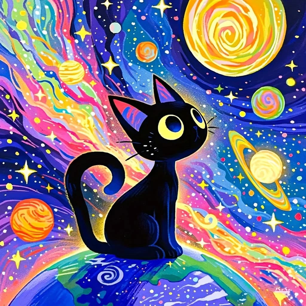 Cartoon Black Cat Rainbow Cosmic Starry Space Diamond Painting,Modern Wall Decoration for Living Room and Bedroom