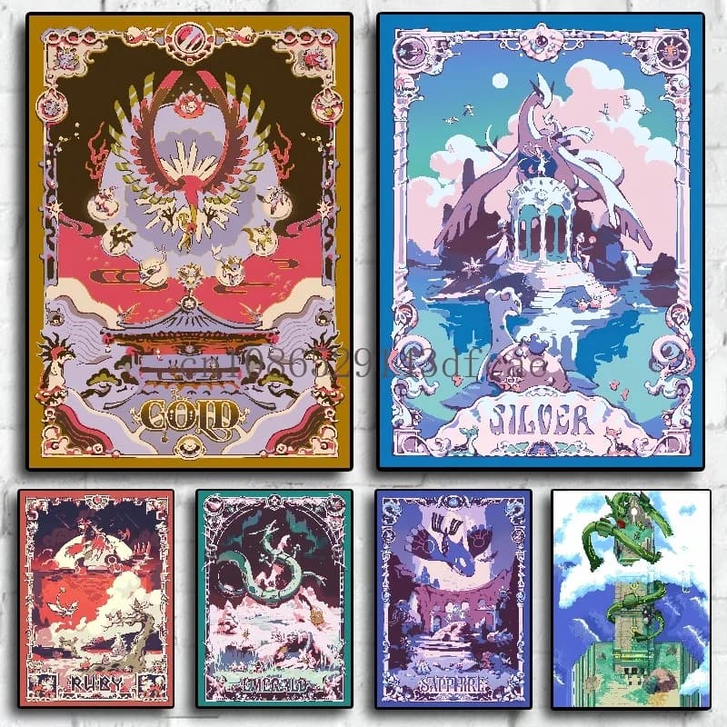 Pokemon Retro Cartoon Poster Figure anime classiche Rayquaza Lugia Tela Pittura Immagine di arte della parete Decorazioni per la casa moderne Regali per bambini