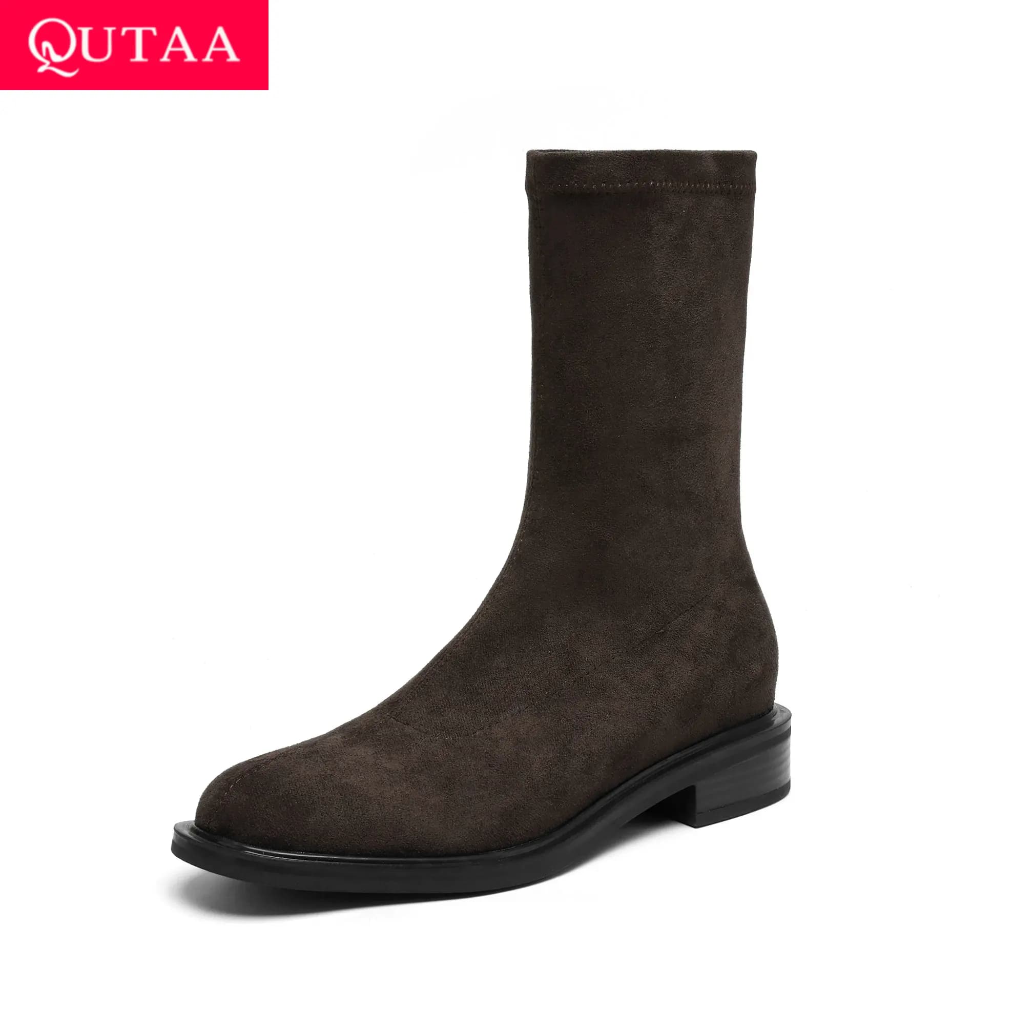 QUTAA 2026 Stivali elasticizzati in pelle scamosciata sintetica moda Donna Stivaletti invernali Scarpe autunnali Tacchi bassi Punta quadrata Stivali corti da donna 34-43