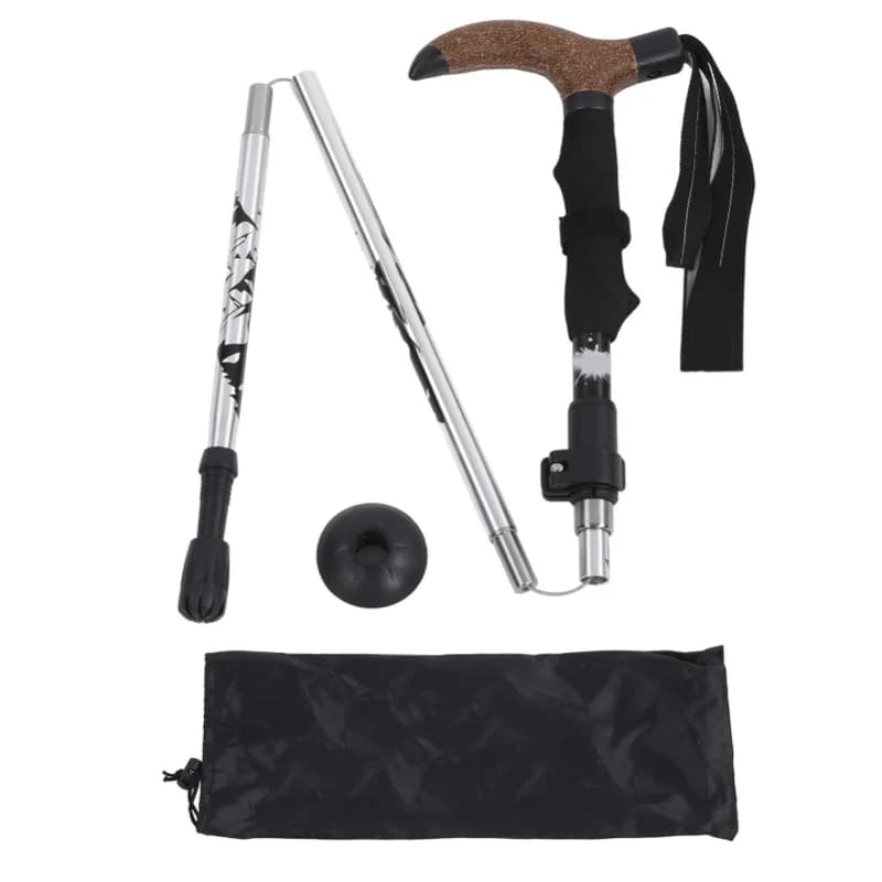 Trekking Pole Hiking Walking Stick 5 Fold Curved Handle Ultra Light For Outdoor Activity Silver