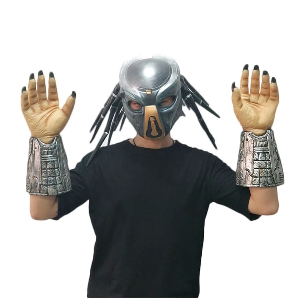 Film cosplay Alieno contro Maschera da predatore Guerriero del sangue di ferro Copricapo integrale di Halloween + Guanti da mano Artiglio Puntelli per costumi da festa
