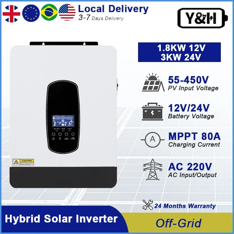 Inverter Solare Ibrido Y&H 2200VA 3200VA 12V 24V DC 220V AC 1.8KW 3KW Off-Grid con Caricatore Solare MPPT 80A Onda Pura