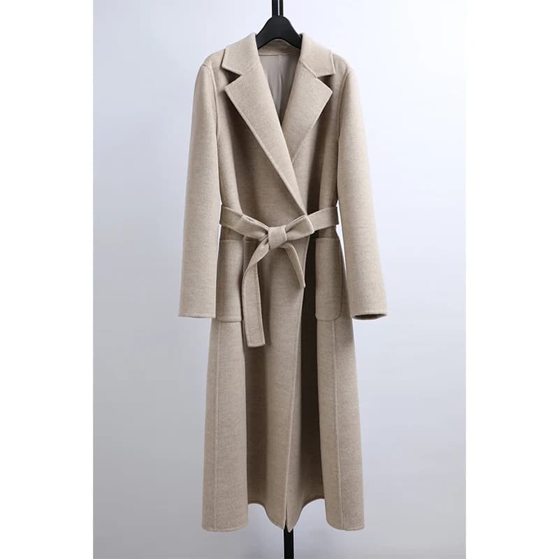 Cappotto Lungo in Lana e Cashmere a Doppia Faccia con Cintura, Cucito a Mano, Moda Autunno Inverno, Abbigliamento Femminile di Marca Awei, Stile Coreano