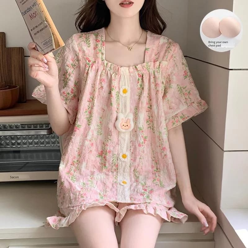 Kawaii Rabbit Flower Print Pajamas Women 2Pcs With Chest Pad Square Neck Short Sleeve Shorts Sweet Homewear Summer Sleepwear