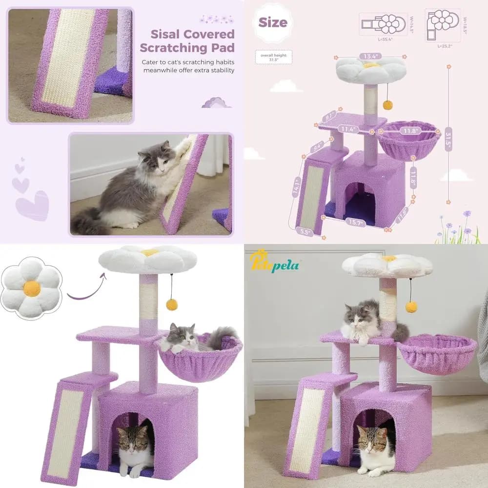 Albero per Gatti Compatto Viola 32 con Rampa in Sisal, Amaca e Letto a Fiori Rimovibile per Gattini