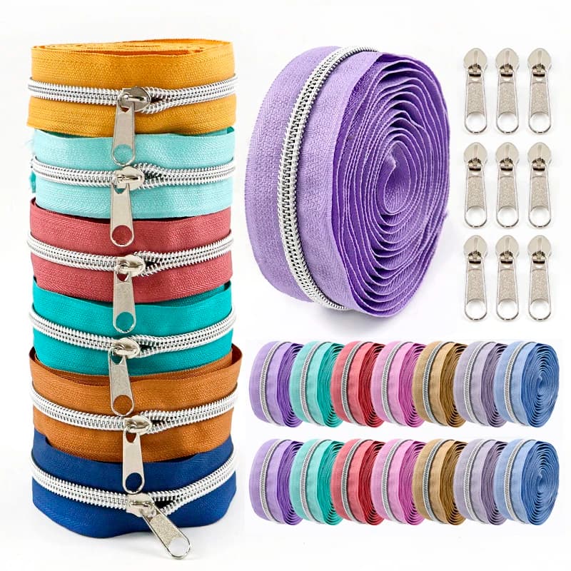 Nastro per cerniere in nylon argento da 5/10 metri con cursore per cerniera 5 # Rotolo Continuo di Cerniere per Riparazione Abiti, Kit di Chiusura con Tirante