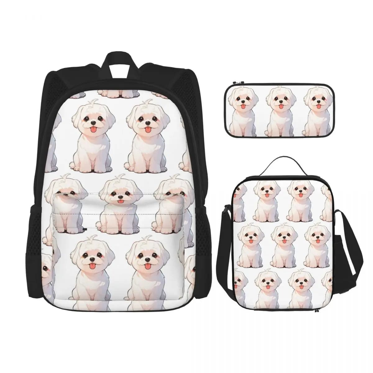 Cartoon Style Cute Maltese Dog Backpacks Students Bookbag School Bags Rucksack Lunch Bag Pen Bag Three-Piece Set