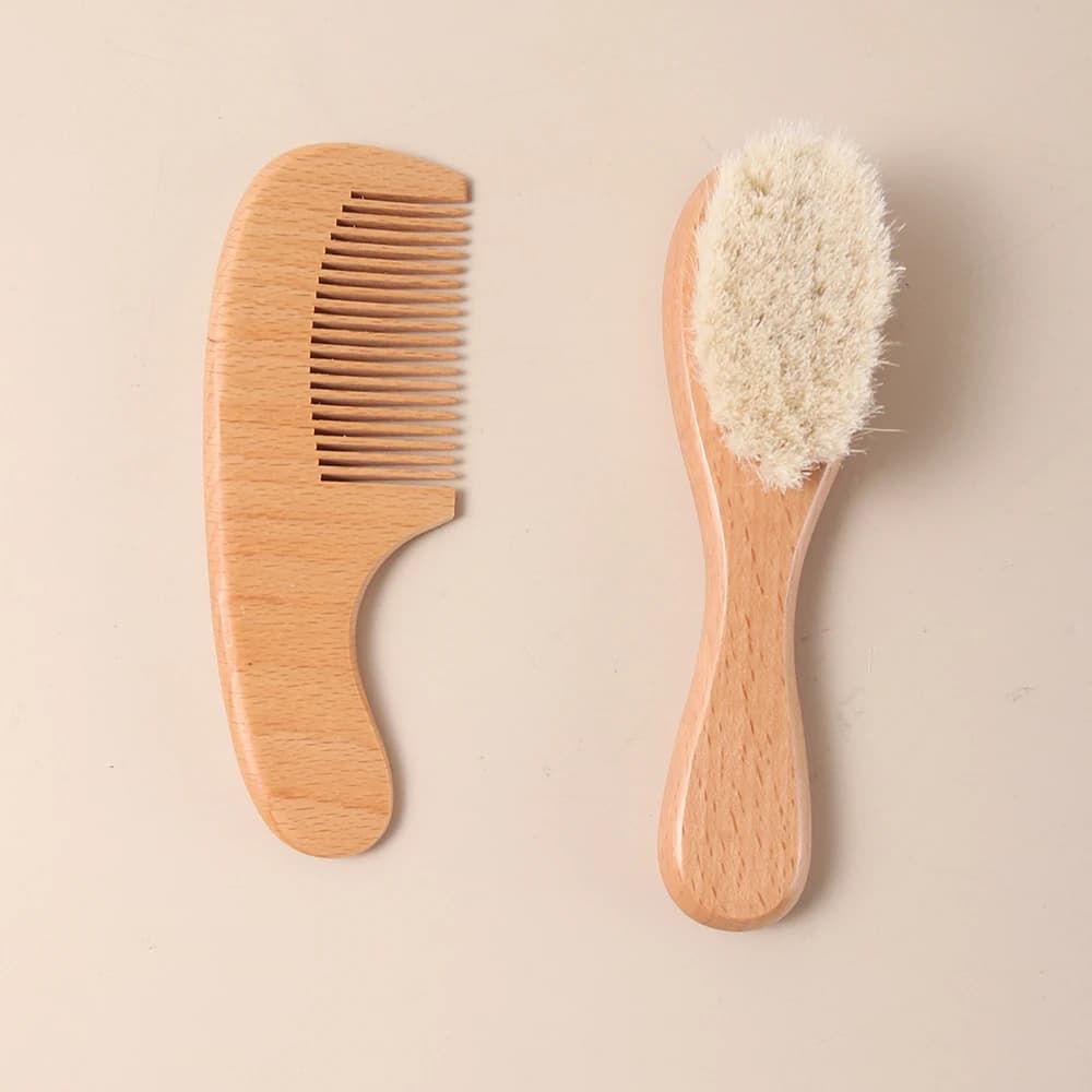 set of hair brushes in wool for children engraved laser cute animal hello world gift newborn batttsim