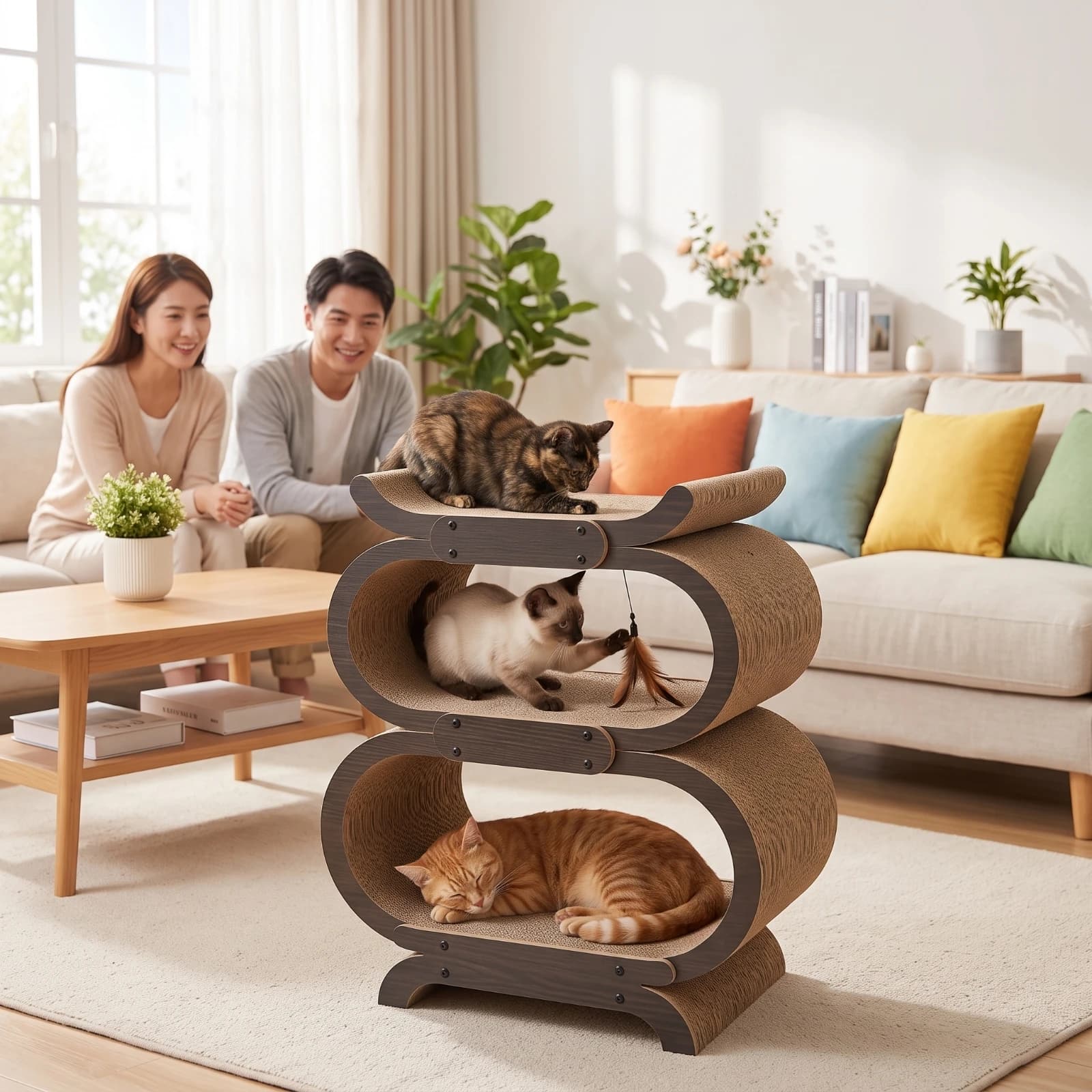 Cat Scratcher with Bed Corrugated Cat Bed with Scratcher Curved Cozy for Cats, Living Room