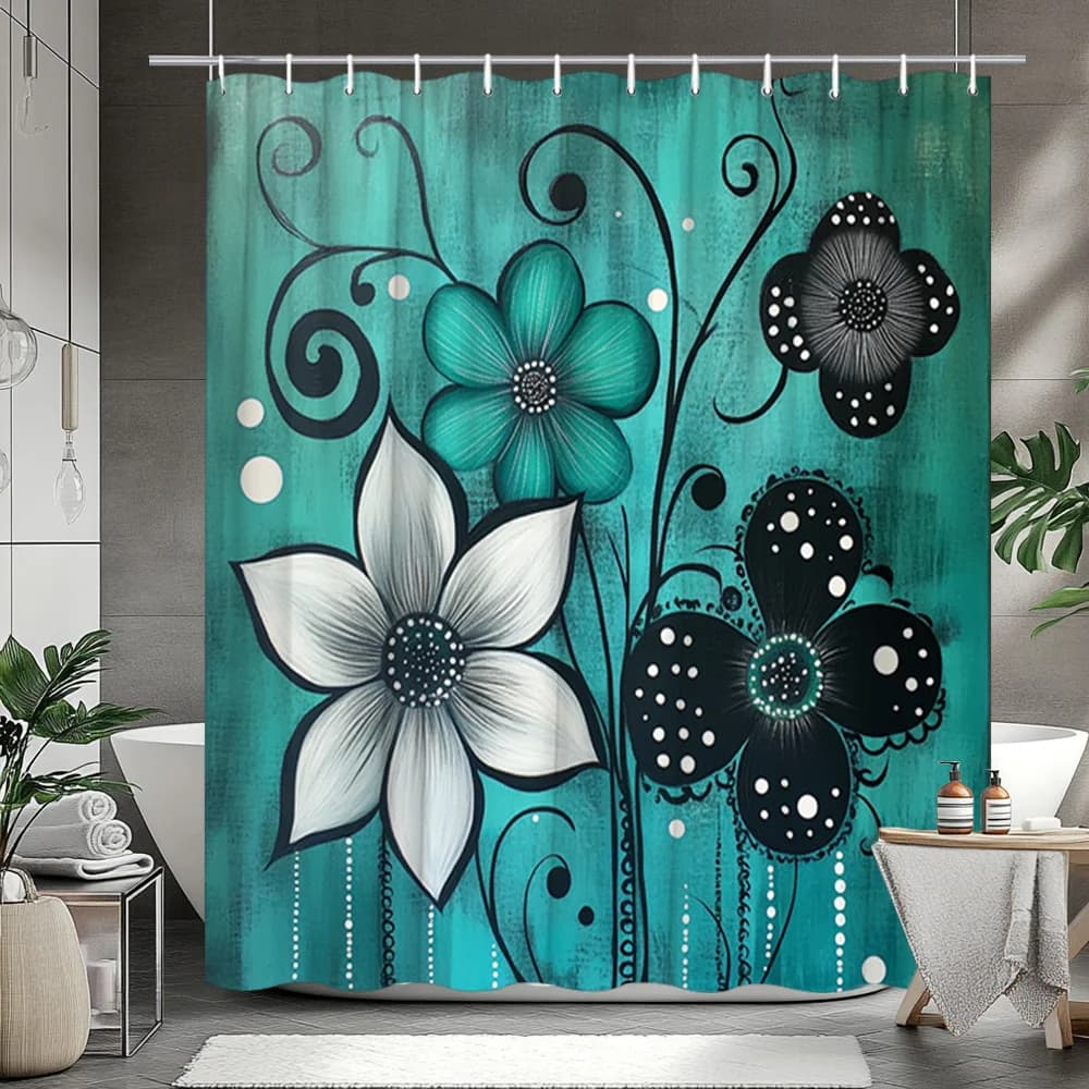 Tenda da doccia floreale gotica - Fiori bianchi e neri su verde acqua, design artistico stravagante, motivi strutturati, poliestere, arredamento per il bagno
