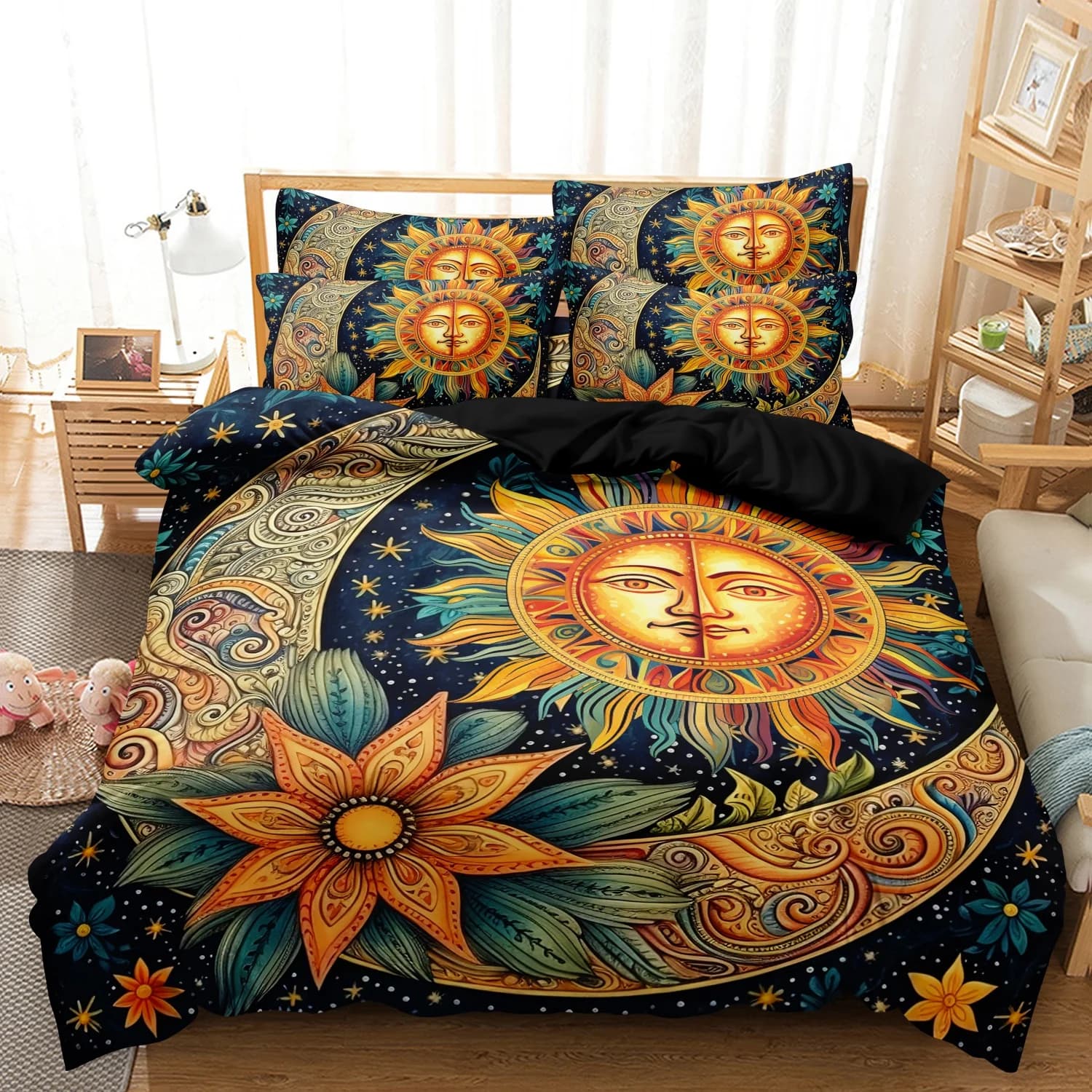 Vintage Sun Moon Floral Print Duvet Cover Set, 3Pcs Dark Blue Starry Sky Celestial Sun Face Crescent Moon Flower Pattern Bedding