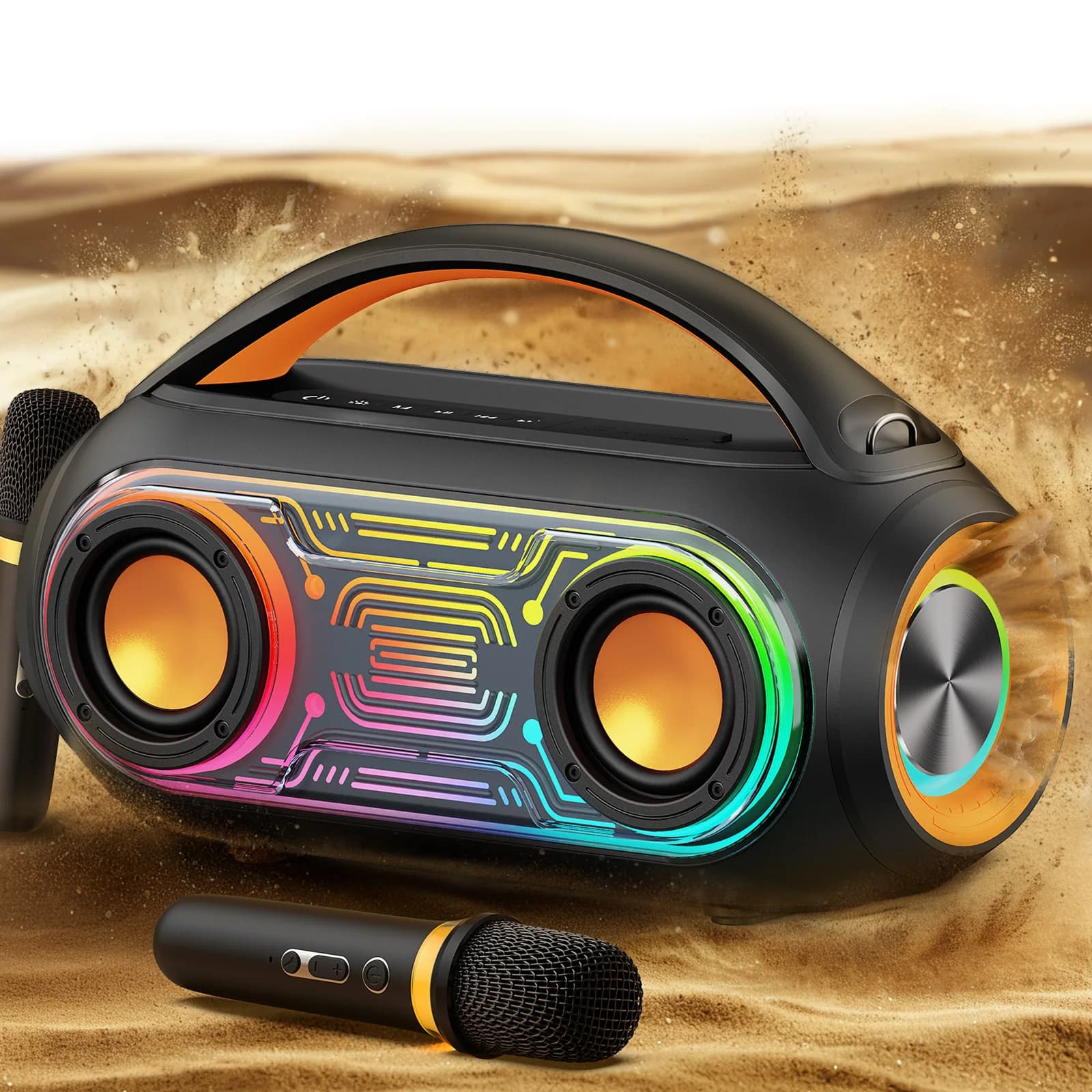 Macchina per Karaoke Portatile con 2 Microfoni Wireless, Altoparlante Bluetooth con Luci, Subwoofer per Feste in Casa, 5 Effetti Vocali