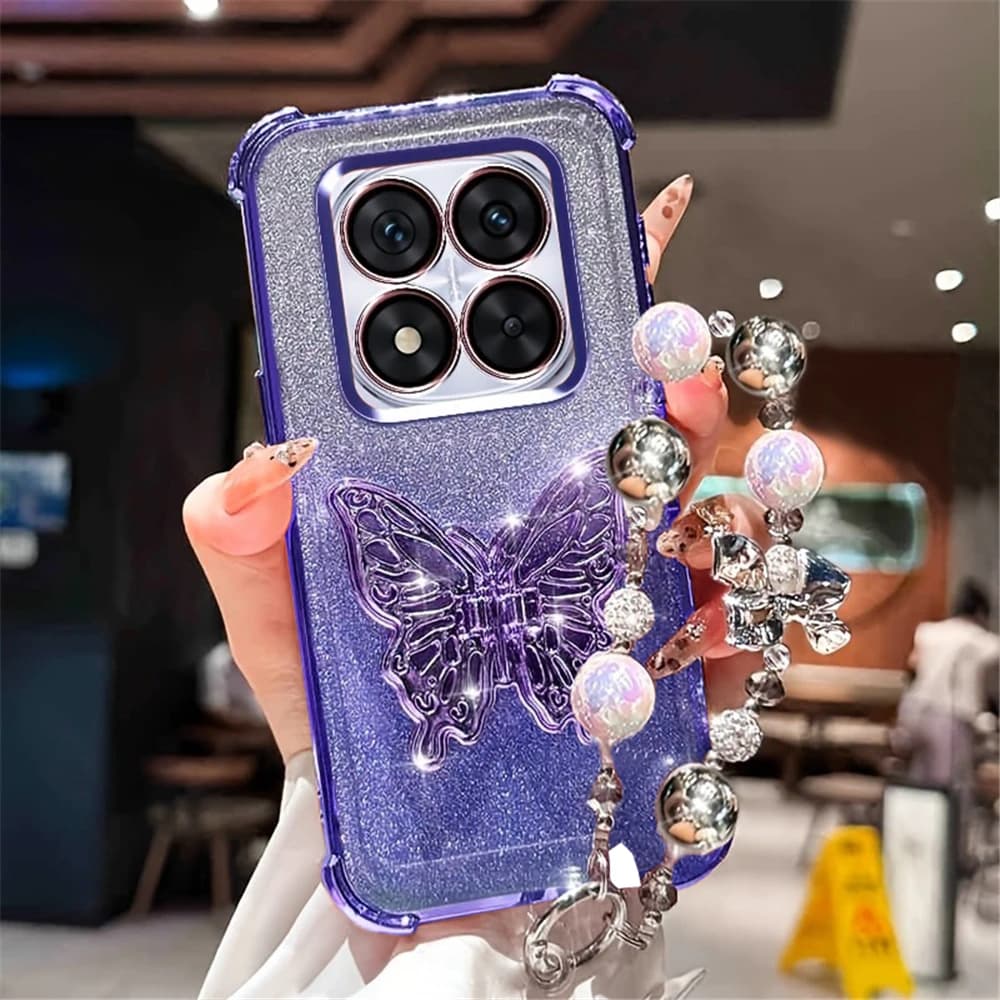 Glitter Plating Phone Case For Xiaomi 14T Pro 15T 13T 12T 11 Lite 15 12X 17 Pro Max Butterfly Holder Bracelet Shockproof Cover