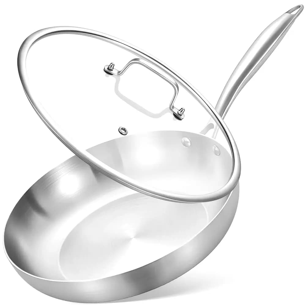 Padella in Acciaio Inox da 8 Pollici con Coperchio, Piccola Padella Tri-Ply, Adatta per Induzione e Compatibile con Tutti i Piani Cottura, Forno