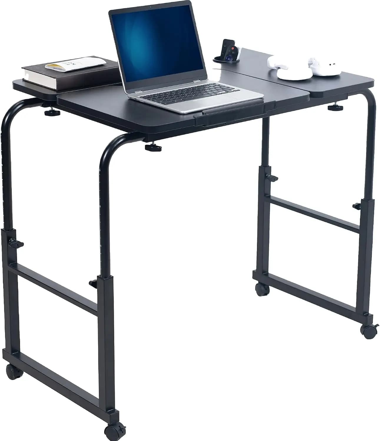 Modern Steel Overbed Table With Wheels And Adjustable Height, Mobile Rolling Laptop Standing Desk Over The Bed Table Workstation For Home Bedroom Living Room, Black