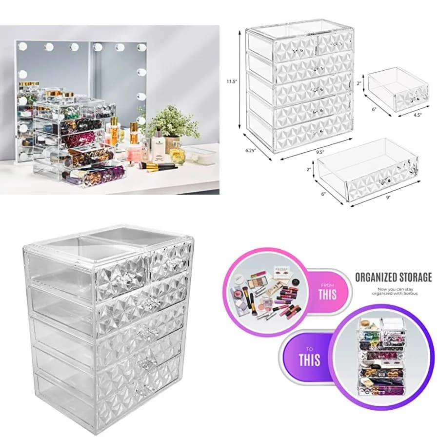 Set Organizzatore per Trucchi in Acrilico, Contenitore Cosmetico da Comodino con 6 Cassetti Larghi, Porta Pennelli per il Trucco