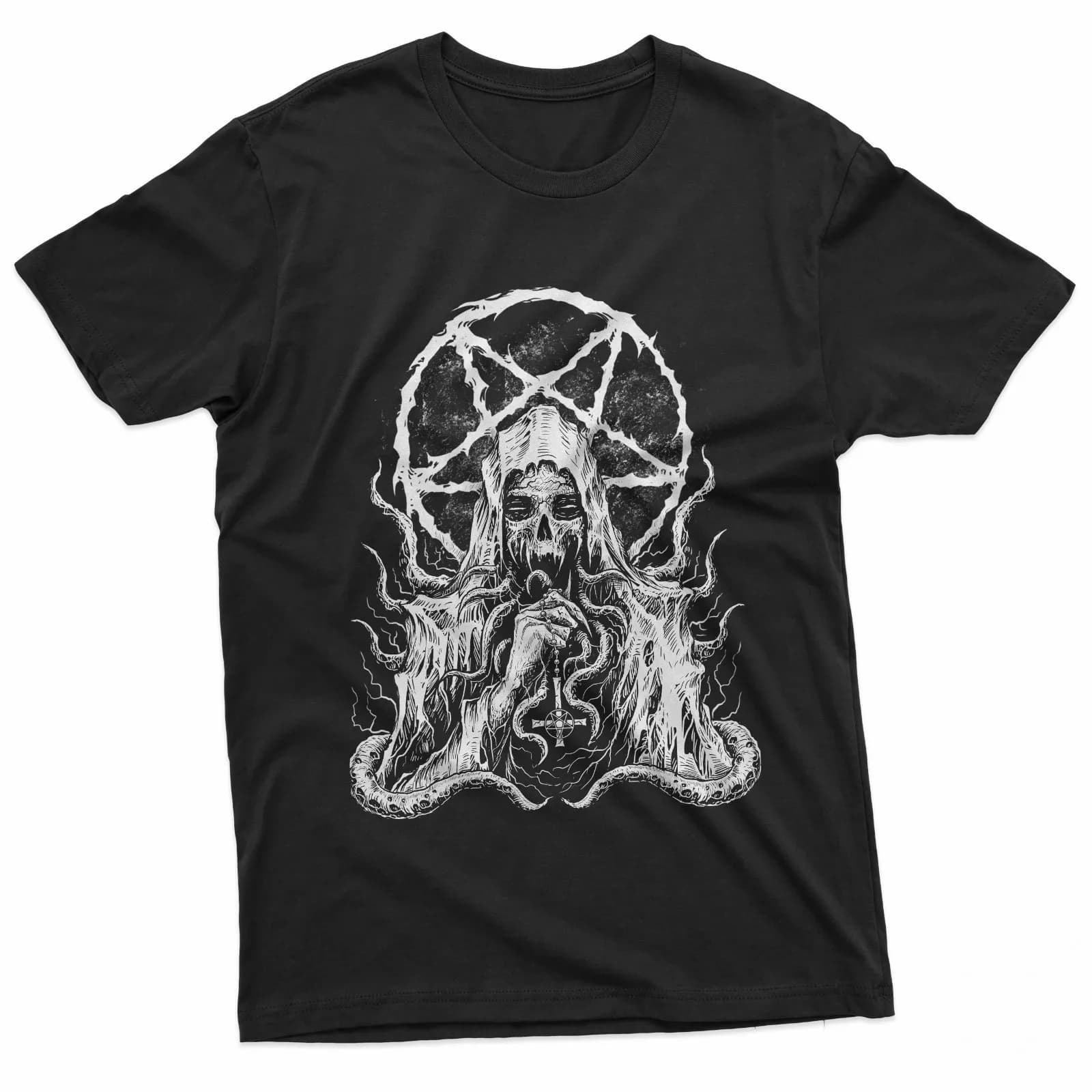 T-shirt in metallo con tentacoli a croce invertita Horror