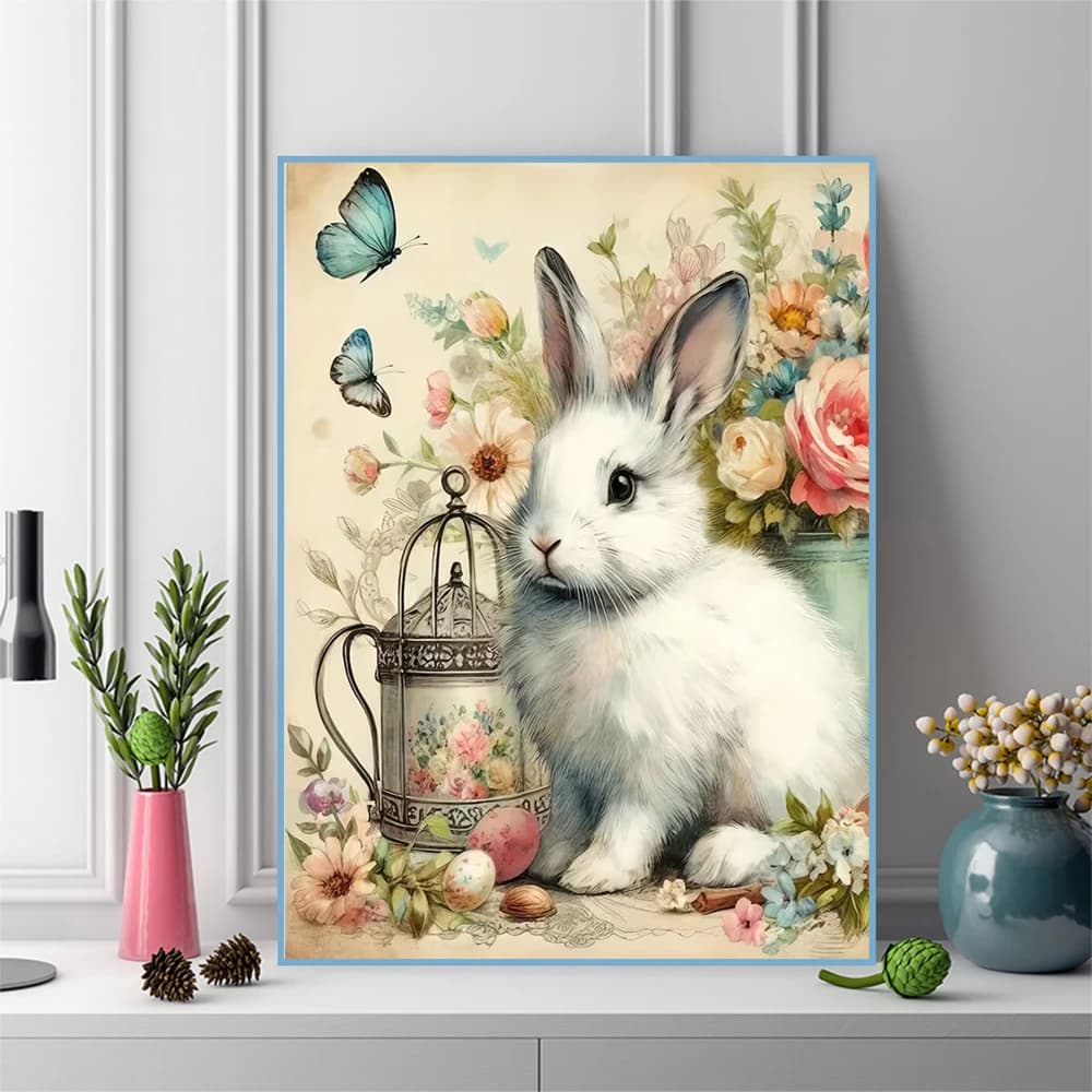 Kit Pittura Diamante Fai da Te: Coniglio Animale, Ricamo Floreale, Immagine con Strass, Mosaico Diamantato, Punto Croce - Decorazione Casa