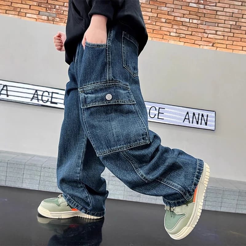 Spring Autumn New Teen Boys Jeans Kids Wide Leg Straight Trousers For 5 6 8 10 12 14 Years Boys Casual Sweatpants