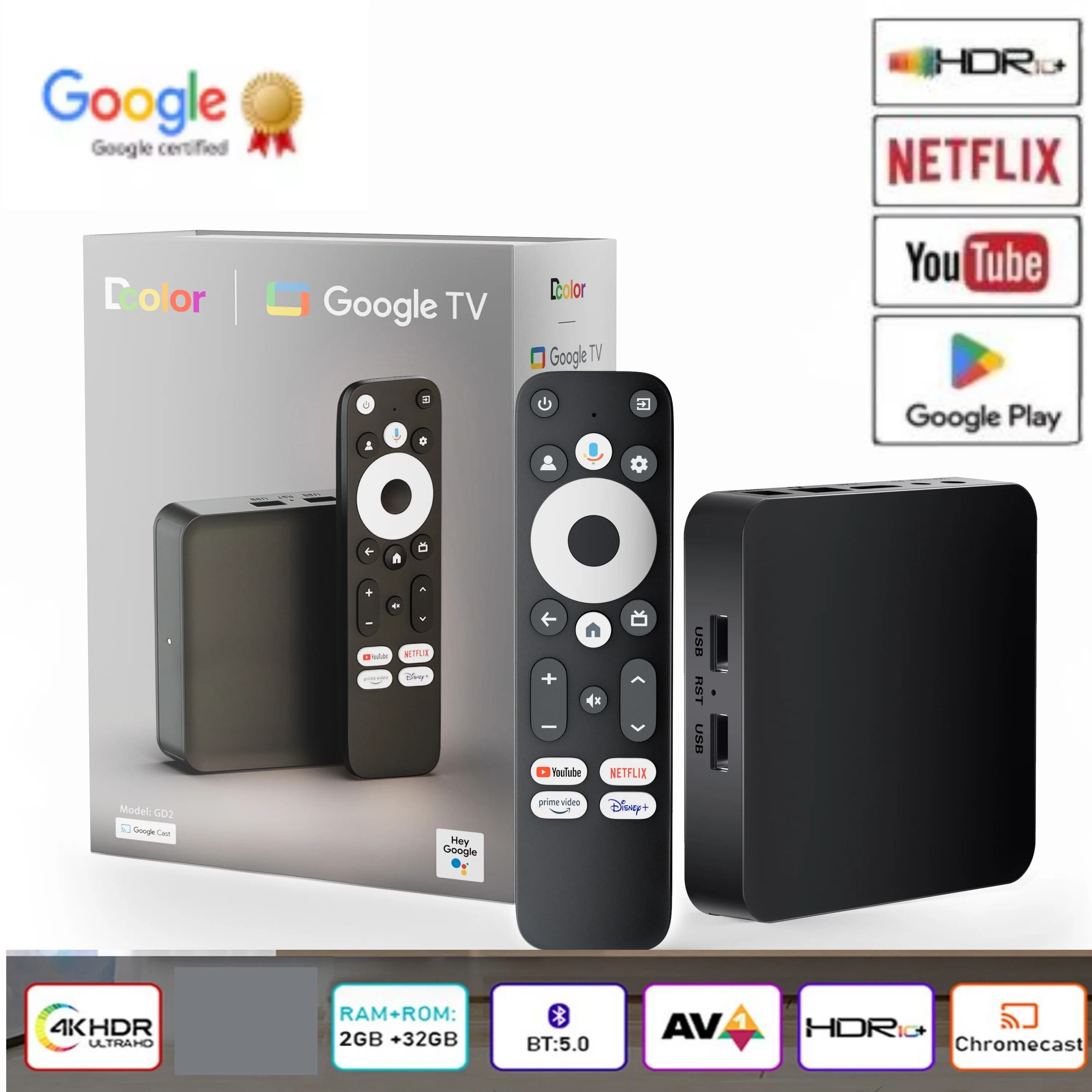 Dcolor GD2 4K Smart Android 12 TV Box GTV certificato Google con chip S905Y4 Decodifica AV1 Memoria da 2 GB + 32 GB per l'intrattenimento