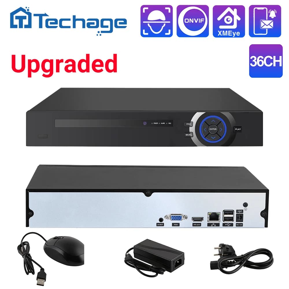Techage H.265 8MP 36CH IP NVR Ultra HD 4K Smart AI Supporto Rilevazione movimento facciale Avviso e-mail umano Supporto Protocollo Onvif P2P