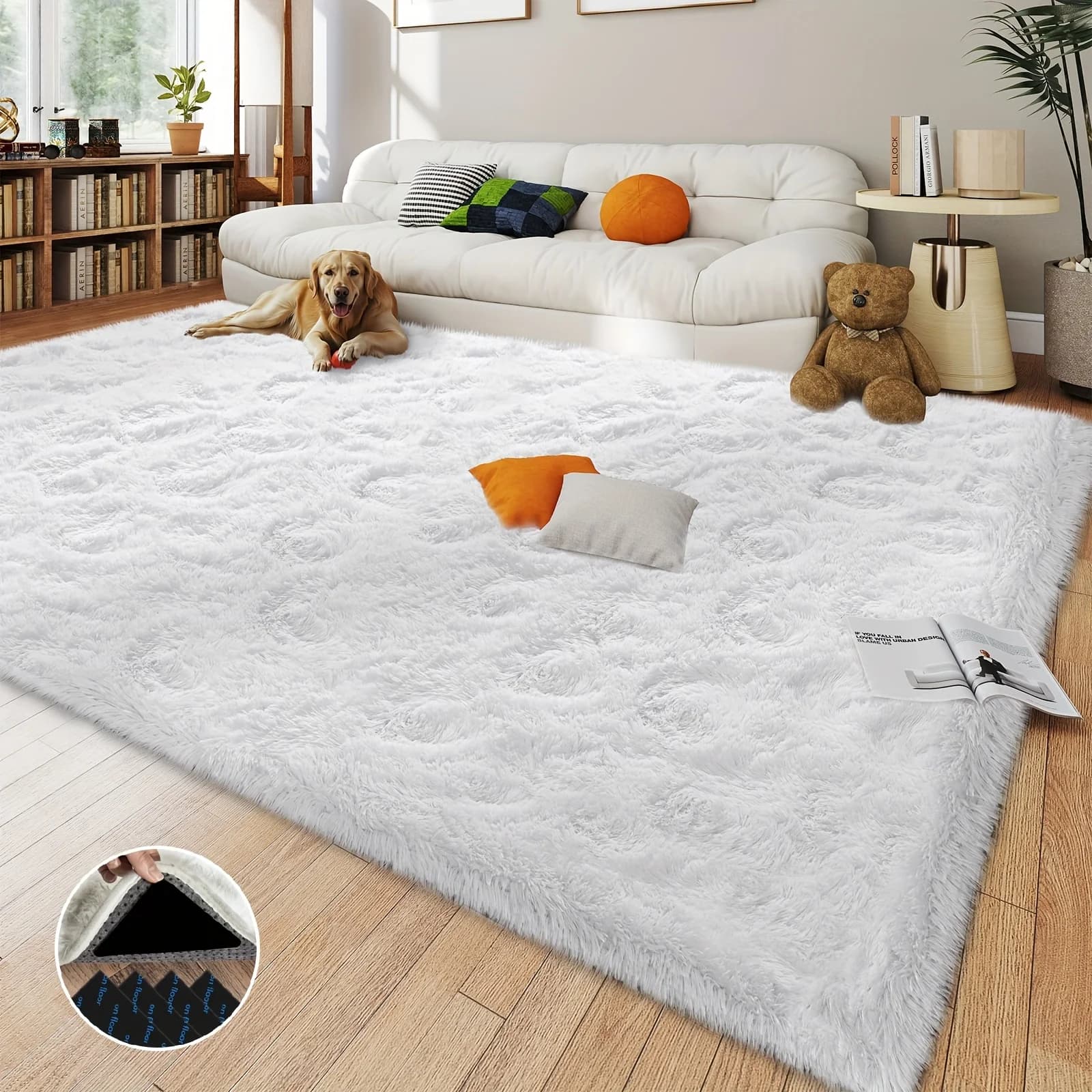 White Fluffy Shaggy Non-Slip Rugs For Living Room Bedroom Nursery,Luxury Modern Plush Carpet with 4 Stickers,Room Decor Rugs