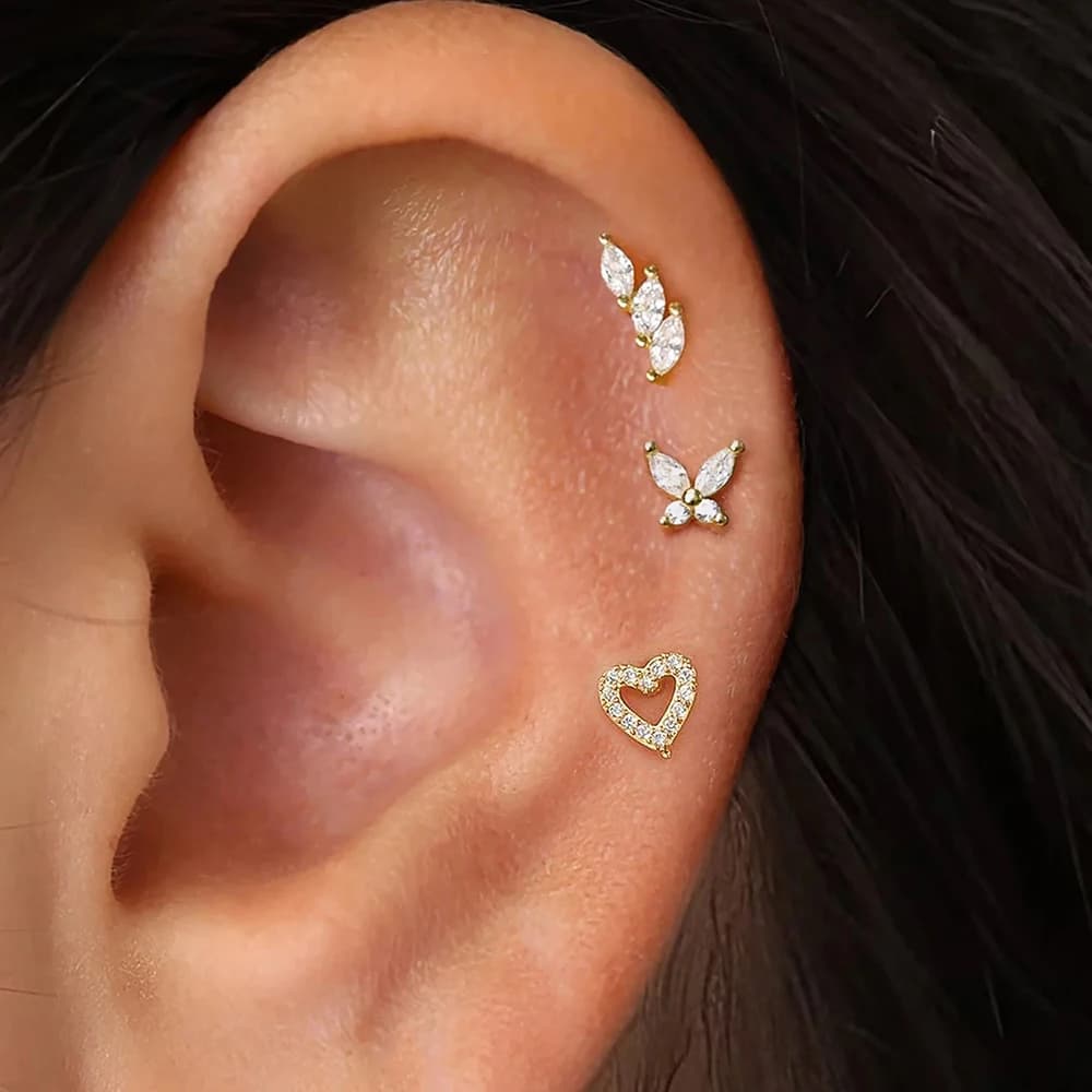 3 pezzi orecchini a bottone con farfalla a forma di cuore placcati in oro set per le donne in acciaio inossidabile con occhio di cavallo zircone cartilagine piercing gioielli aretes