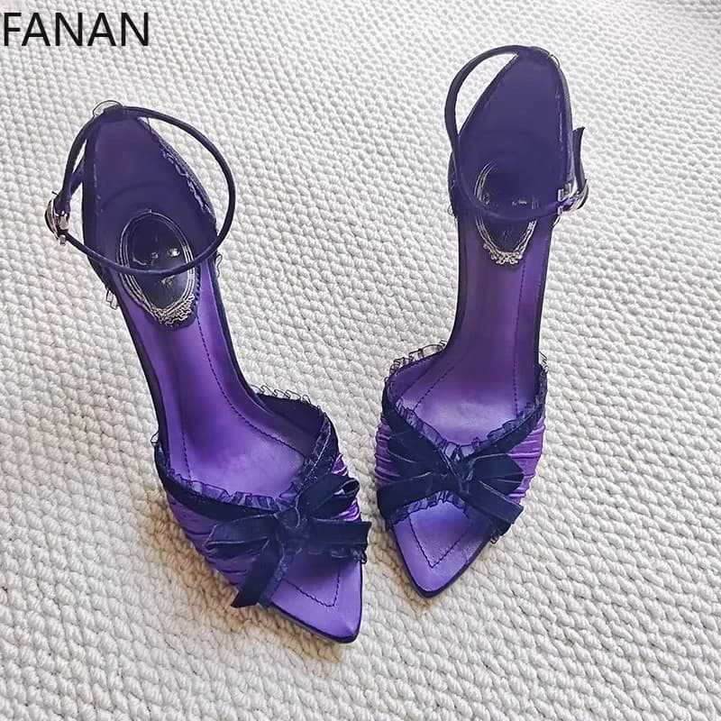 2026 Summer New Sexy Women's Sandals Lace Trimmed Ankle Strap Open Toe Shoes Women's Bowknot Pointed Toe Stiletto High Heels
