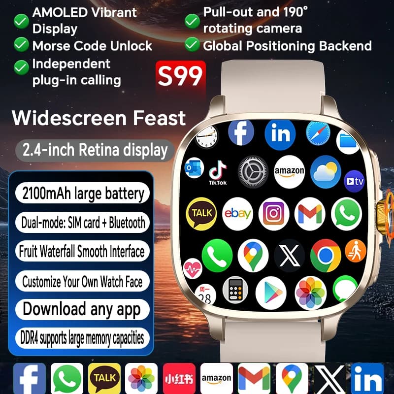 Smartwatch Versione Globale con Schermo Amoled da 2,4 Pollici, Slot per Scheda SIM, GPS, WIFI 190 ° Smartwatch Android 13.0 con Fotocamera Rotante per Giochi