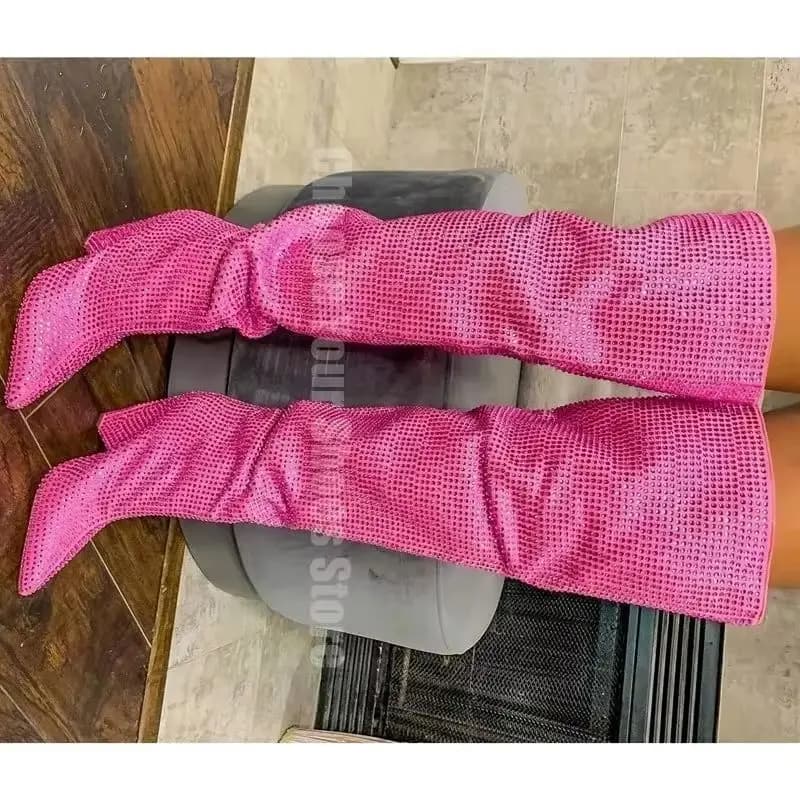Nuovissimi Stivali Alti Sopra il Ginocchio con Punta a Spillo e Decorazioni in Strass, Tacco Alto, Stivali Lunghi da Donna, Scarpe Eleganti Rosa